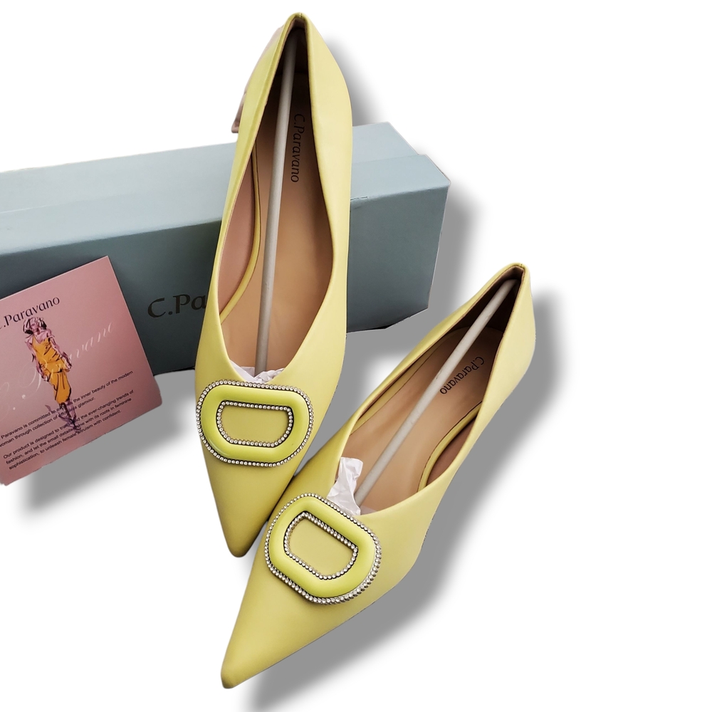 C.Paravano Yellow Women's Flats with Decorative Rhinestone Buckle - Picture 2 of 10
